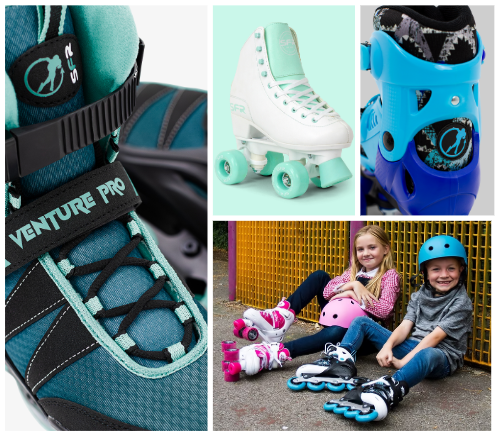 Close-up of teal and black hiking shoes with laces, helmet, and backpack, along with white roller skates, blue protective gear for skating, and two children wearing helmets and protective gear sitting on the ground with roller skates. SFR brand.