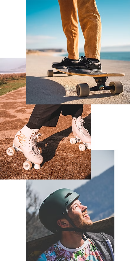 Collage of people engaging in outdoor activities: one person using a Mindless longboard on a beach sidewalk, another in white Rio roller skates on a track, and a man in a REKD helmet enjoying the outdoors.