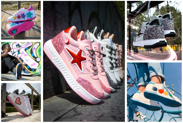 Assorted Breezy Roller Images, including pink glittery sneakers with a red star, black and white sneakers, white sneakers with a pink heart, and sneakers with colorful graffiti and floral designs.