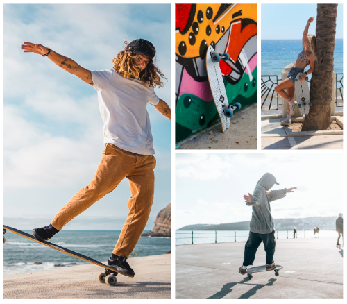 Collage of Mindless Longboards. five images: a person skateboarding on the beach, colorful graffiti art, a woman climbing a palm tree on a boardwalk, a child skateboarding at the beach, and a woman doing a handstand on the beach.
