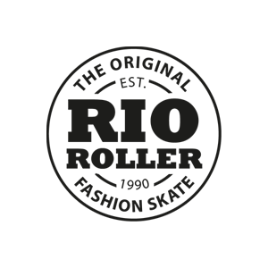 A circular logo for RIO ROLLER with the words "The Original," "Est. 1990," "Fashion Skate," and the brand name in bold letters.