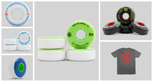 Collage of Red Eye skateboard wheels,  and a T-shirt with the Red Eye Wheels logo.