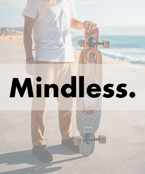 Person standing on the beach holding a Mindless longboard, with the word 'Mindless.' overlaid.