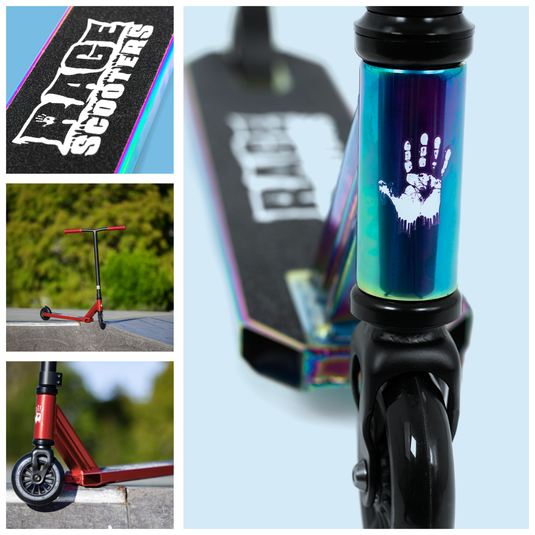 A close-up of a Rage scooter with a colorful, iridescent front tube featuring a white handprint design, a black wheel, and a black handlebar. Included in the collage are a black skateboard with