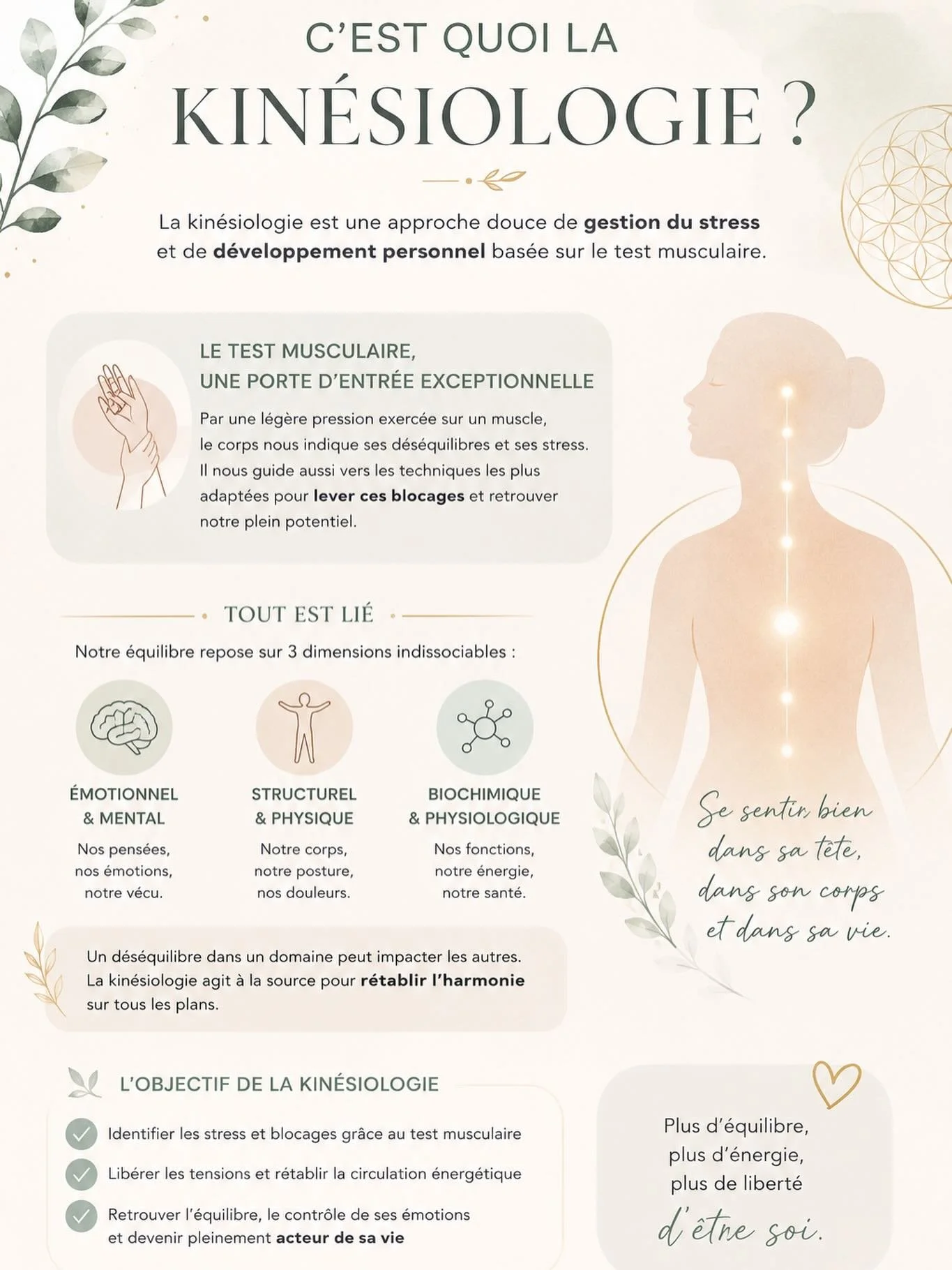 La kin&eacute;siologie est une approche douce de gestion du stress et de d&eacute;veloppement personnel qui utilise le test musculaire pour identifier les blocages pouvant affecter notre &eacute;quilibre physique, &eacute;motionnel et &eacute;nerg&ea