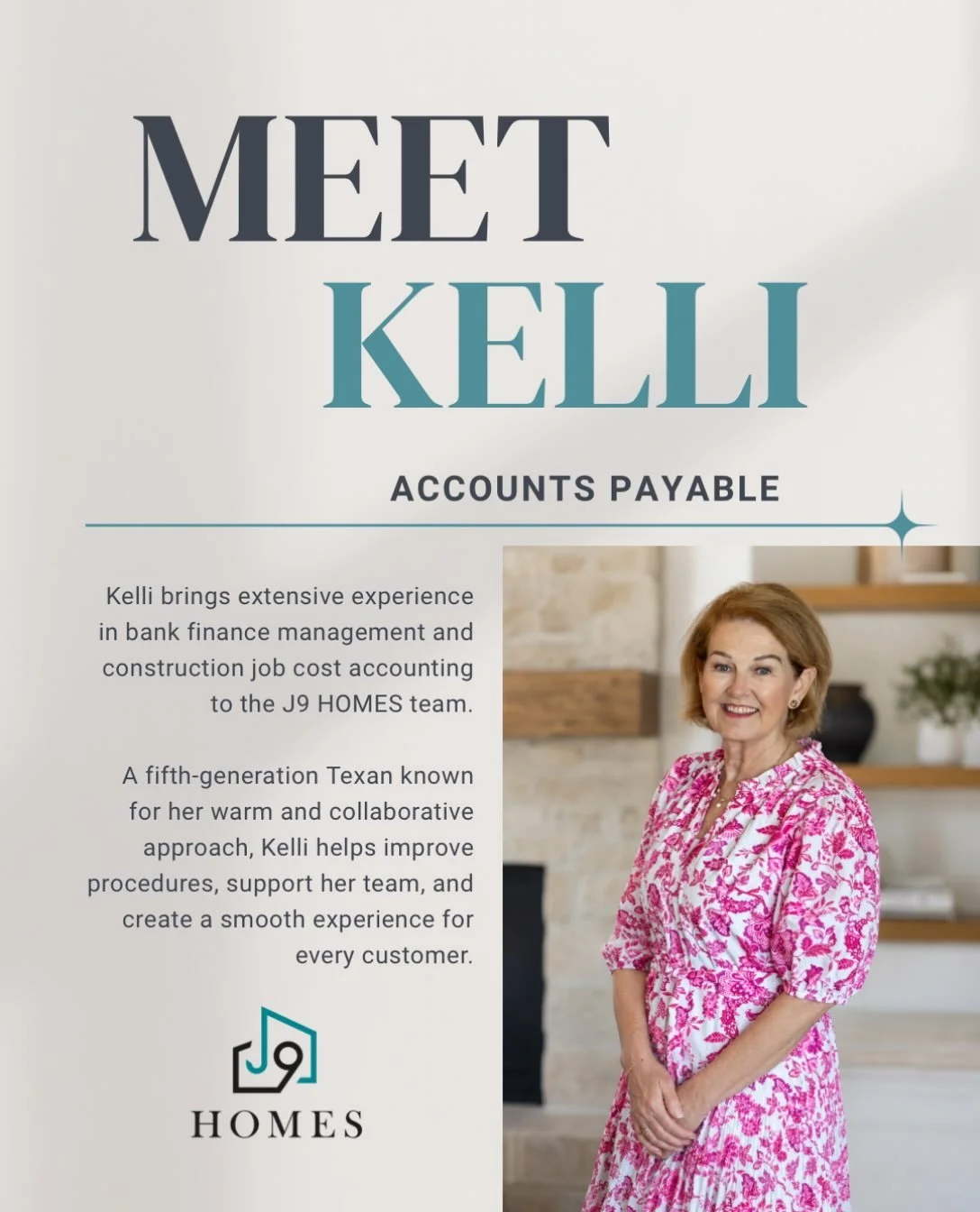 Meet Kelli, a valued member of the J9 HOMES accounting team. 👋
With extensive experience in bank finance management and construction job cost accounting, Kelli brings knowledge, organization, and care to every part of her role. Her warm and collabor