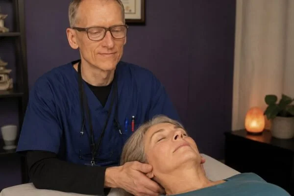 A person lying down with their eyes closed receives a head massage from a healthcare professional in a clinic or wellness center.
