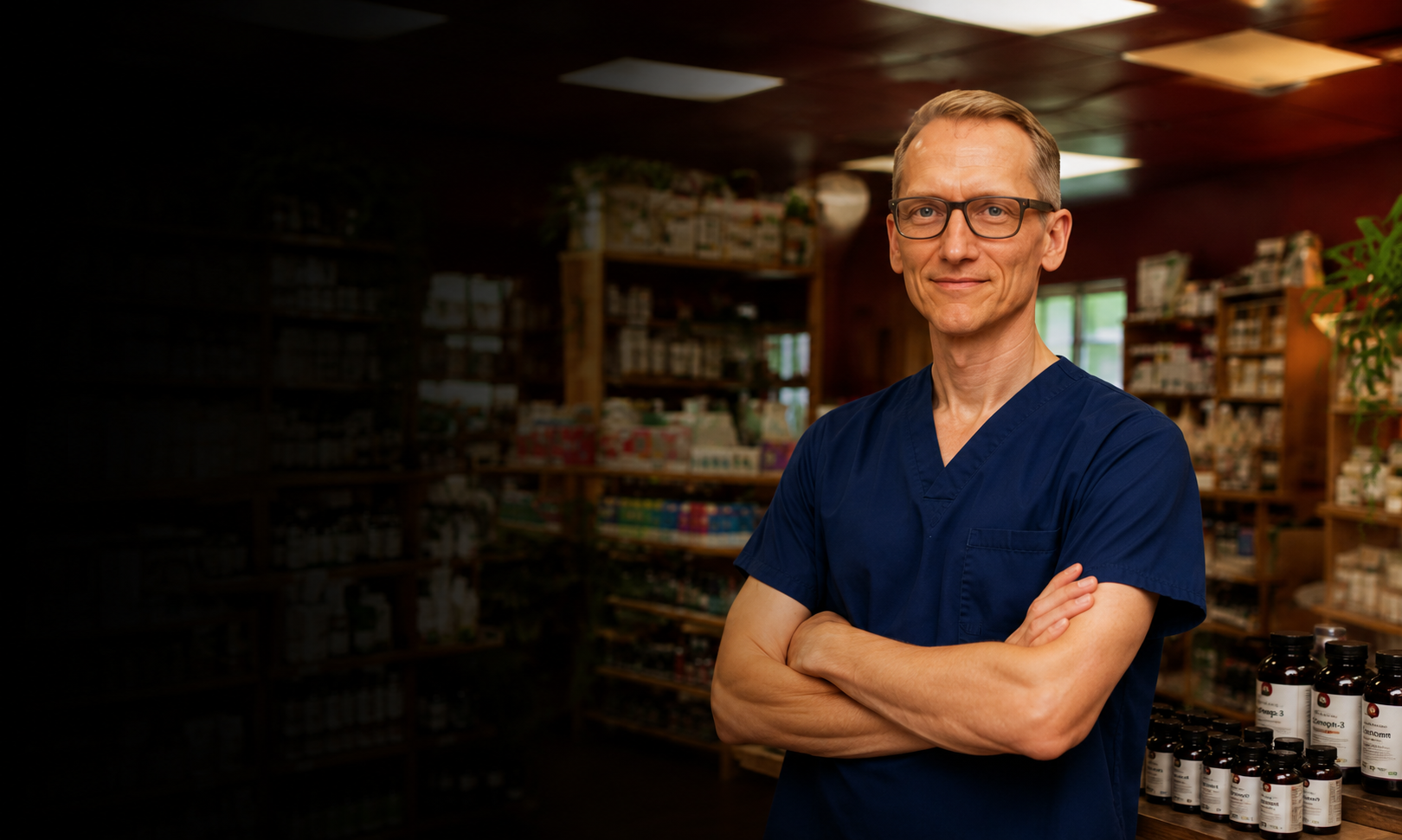 A smiling man with glasses and short hair wearing navy medical scrubs, standing with arms crossed in a pharmacy with shelves of medicine bottles and packages in the background.