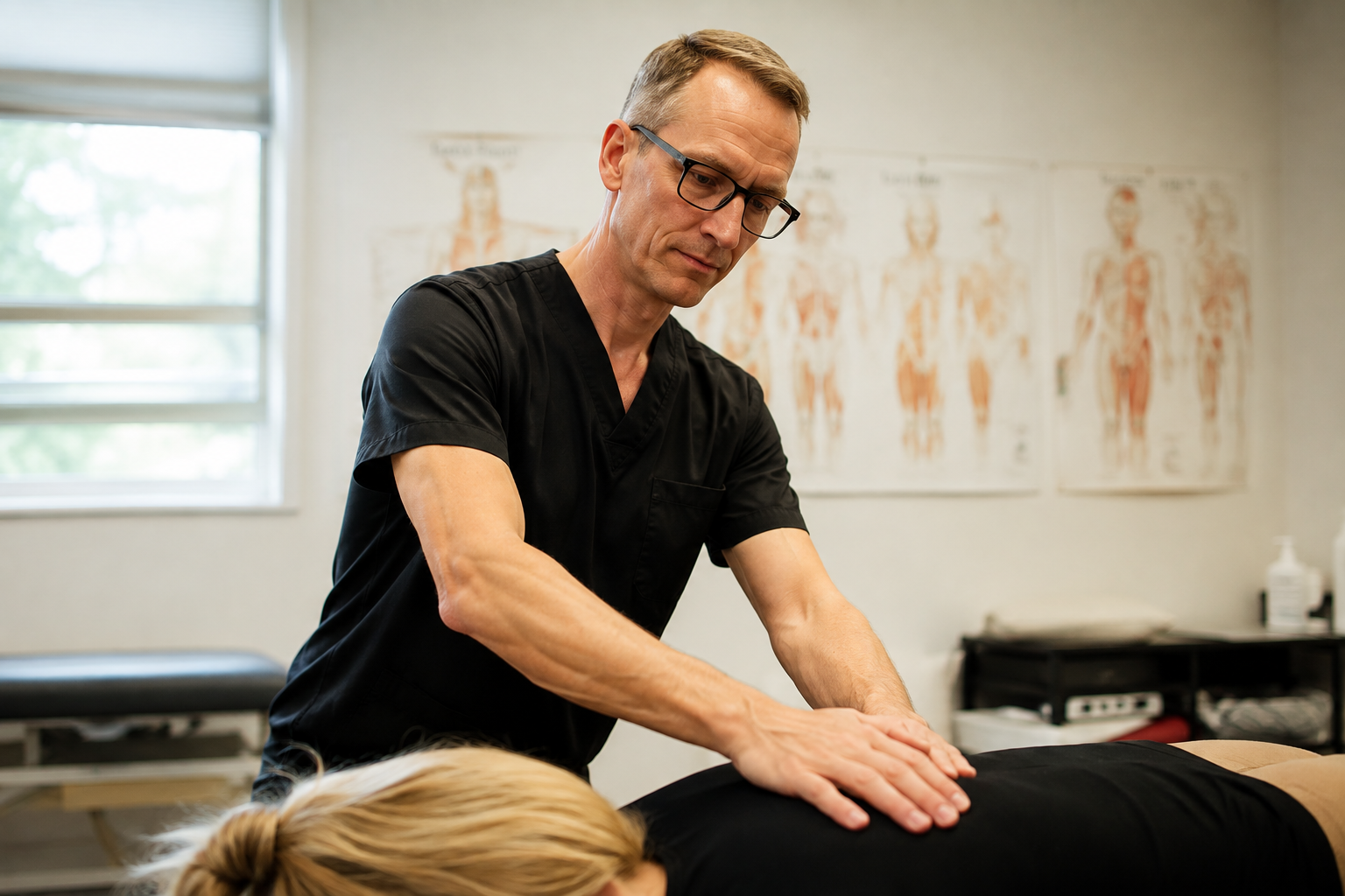 Chiropractor adjusting patient's back in a clinic with anatomical charts on the wall.