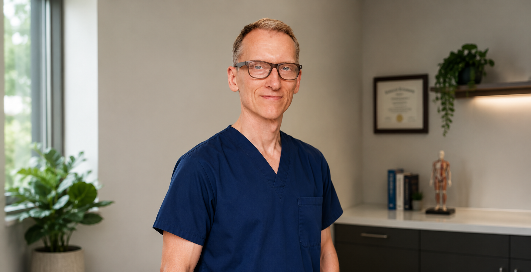 A middle-aged male healthcare professional with glasses, wearing navy scrubs, standing in a medical office with framed diploma, model of human anatomy, books, and plants in the background.