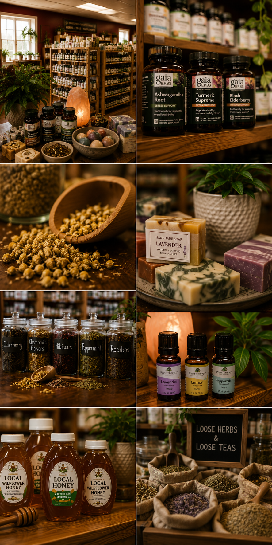 An assortment of herbal and natural wellness products including bottles of supplements, handmade soaps, dried herbs, teas, honey, and essential oils displayed on wooden shelves and tables in a store setting.