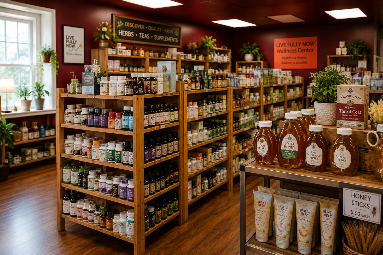 Interior of a health store with wooden shelves stocked with bottles of supplements, herbs, teas, and honey. Potted plants and decorative signs are also visible, creating a natural and inviting atmosphere.
