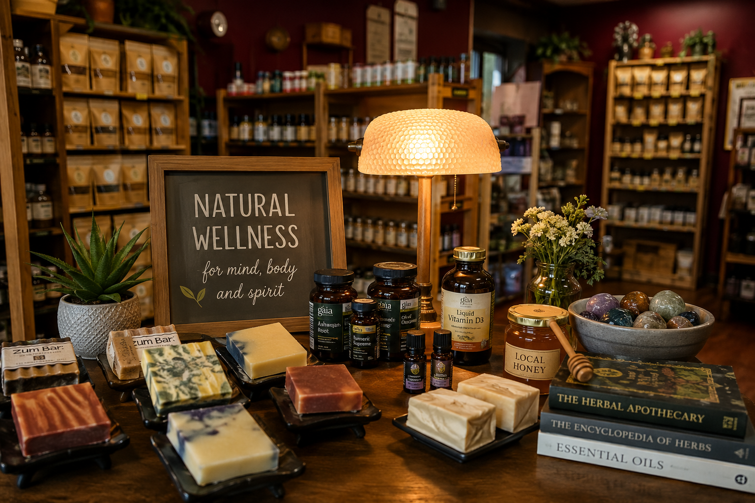 Display of natural wellness products including soap bars, bottles of supplements, a jar of local honey, books on herbs and oils, a plant, a bowl of colorful stones, and a table lamp, set in a store with wooden shelves.