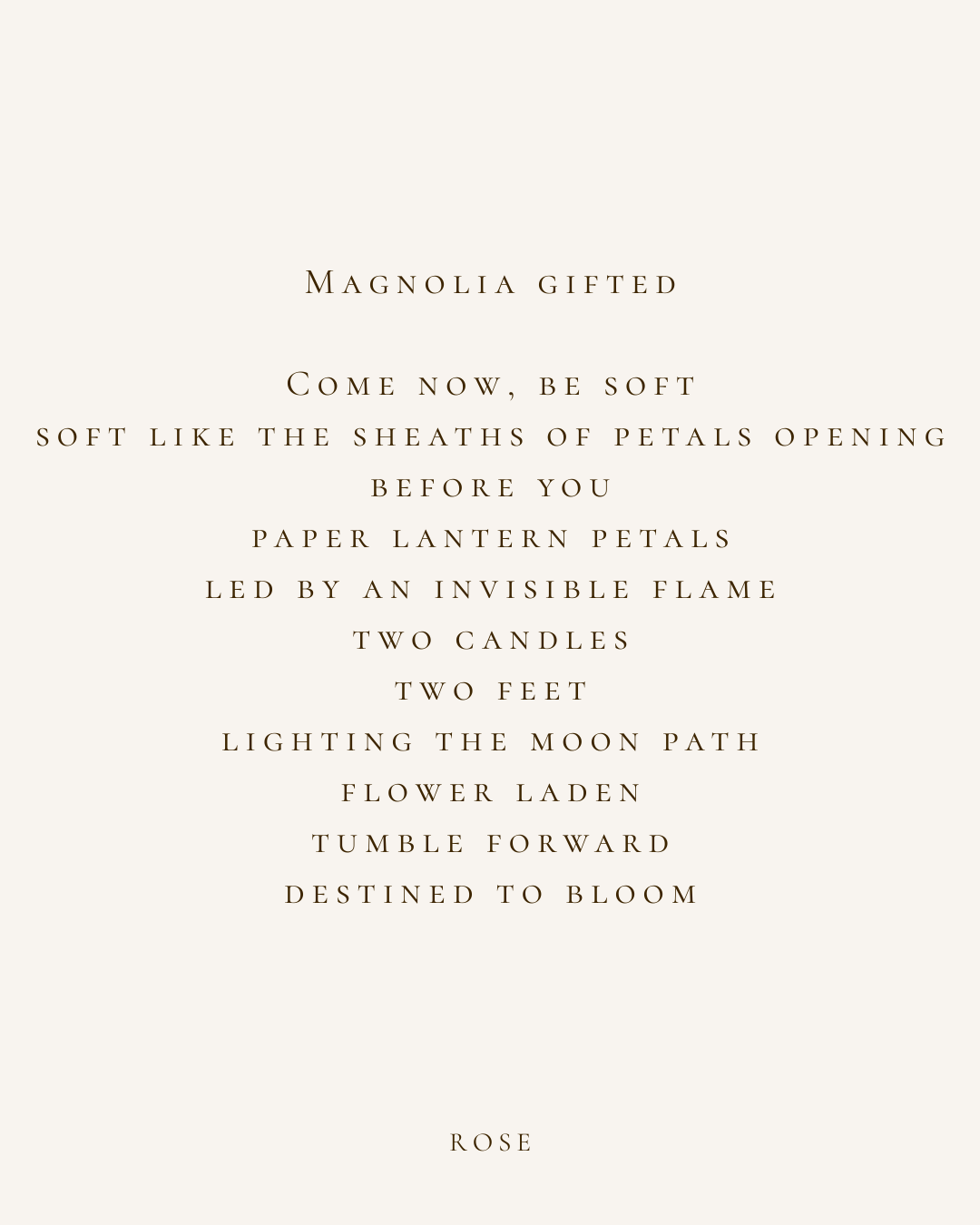 Poetry about magnolia blossoms and roses, describing gentle petals, candles, moonlight, and blooming flowers.
