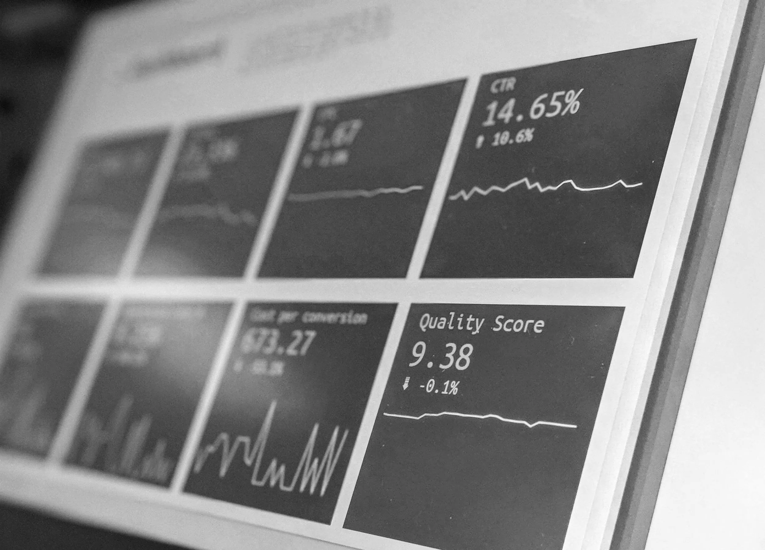 Close-up of a computer screen displaying financial data, including a percentage value of 14.65%, a line graph, a quality score of 9.38, and a percentage change of -0.1%.
