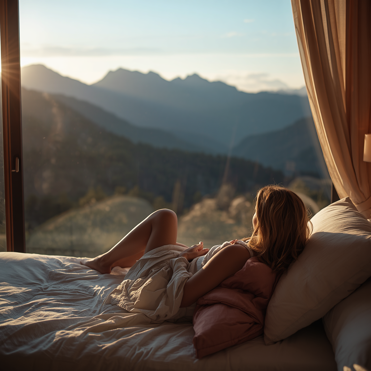 A woman lies in bed gazing out a window at mountains during sunrise or sunset.