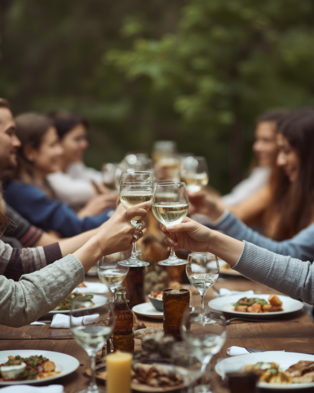 Group of people sitting around a wooden table outdoors, raising glasses of white wine in a toast.
