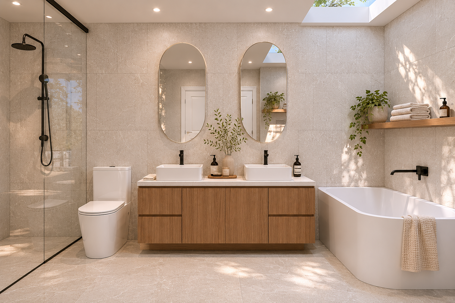 Contemporary bathroom design by Makna Design featuring natural stone textures, elegant fixtures and calming architectural interiors