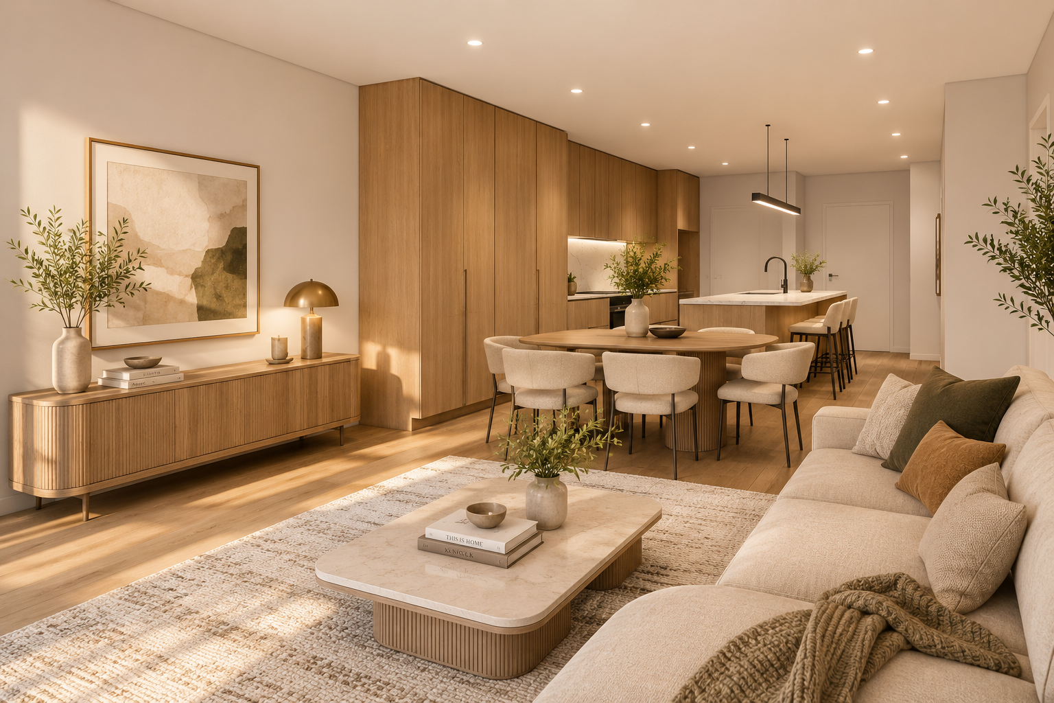 Contemporary townhouse interior design featuring natural materials, warm timber finishes and minimalist Australian architectural style