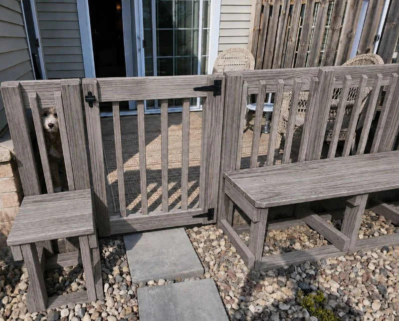 Completed custom wood patio gate and railing enclosure