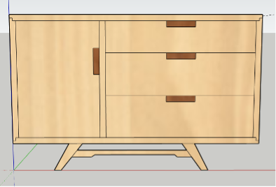 SketchUp drawing of mid-century maple sideboard with angled base