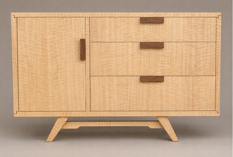 3D rendering of mid-century modern maple sideboard design