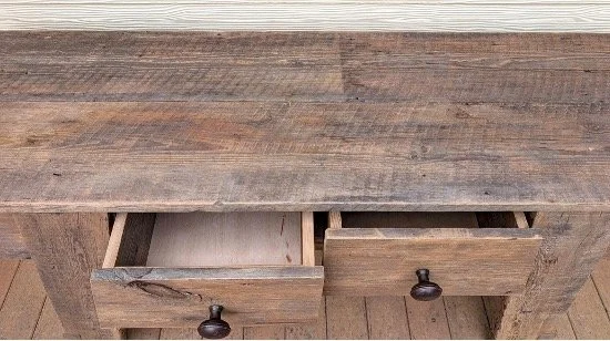 Open drawer detail showing barnwood sideboard interior