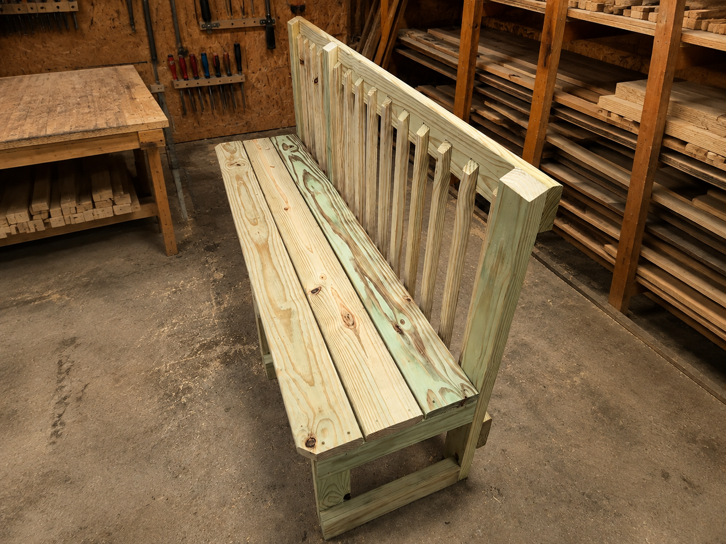 Custom wood patio bench with integrated railing in workshop