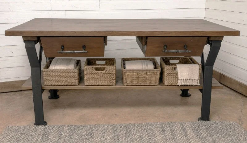 Custom wood storage console with drawers and open shelving