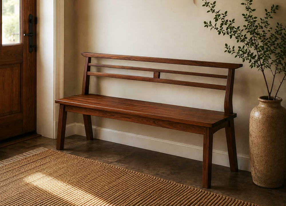 Handmade wood entryway bench with backrest
