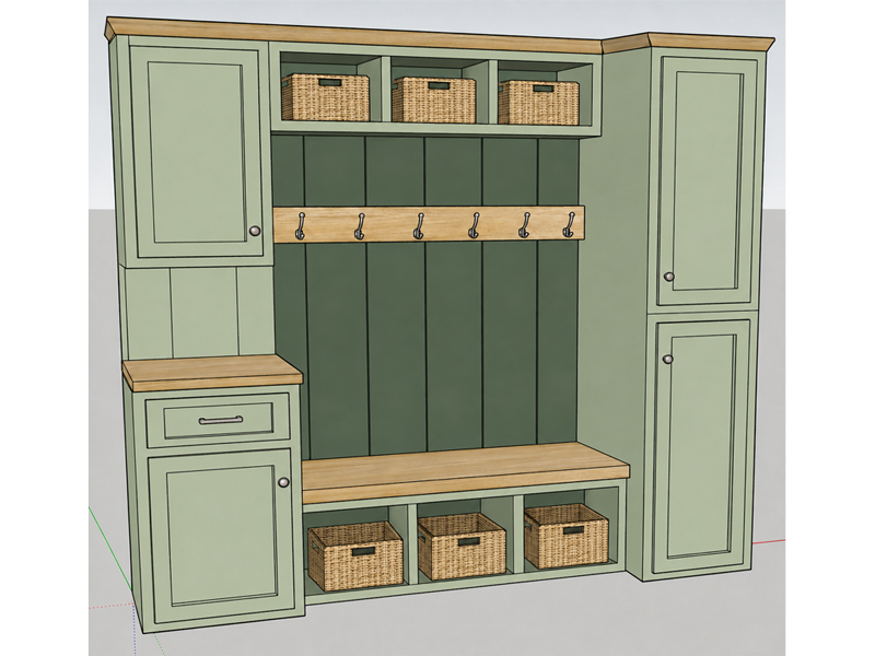 SketchUp design rendering of green mudroom built-in with cubbies and bench