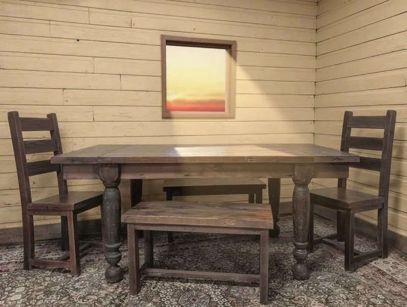Custom wood dining table, bench, and chairs for family gatherings