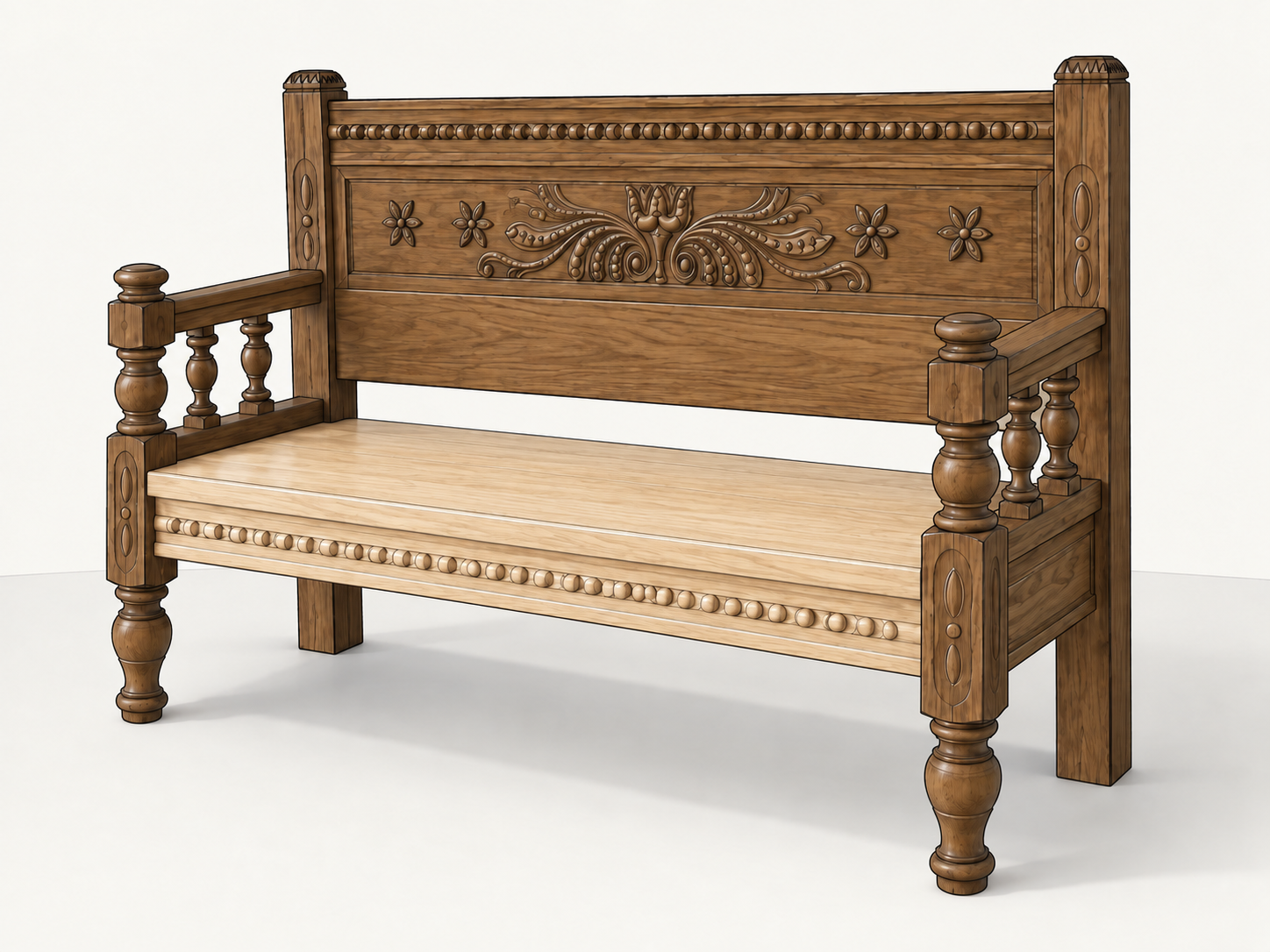 SketchUp-style rendering showing the original dark wood bed components with the newly constructed oak seat and apron