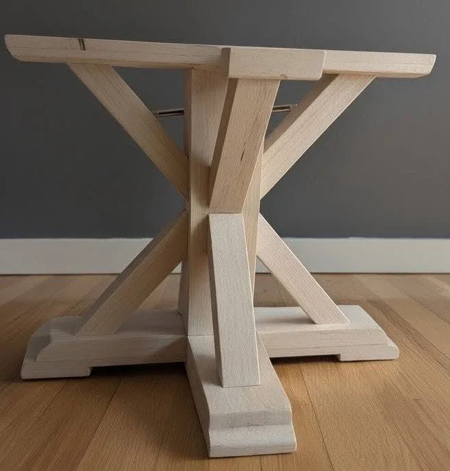 Closeup of wood pedestal table base construction