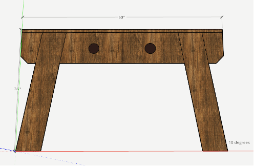 SketchUp drawing of barnwood sideboard with angled legs and dimensions