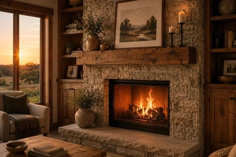 Stone fireplace with custom wood mantel
