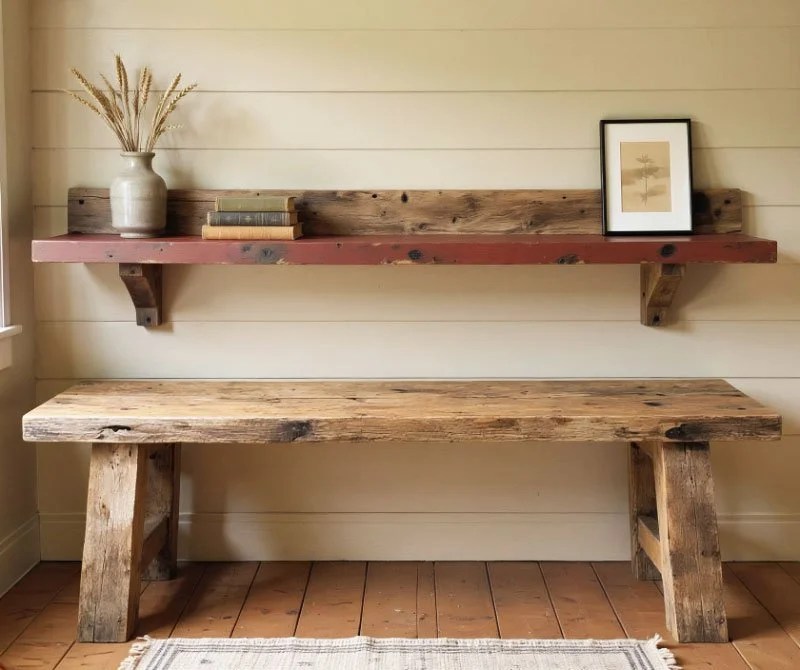 Rustic wood bench and matching wall shelf set