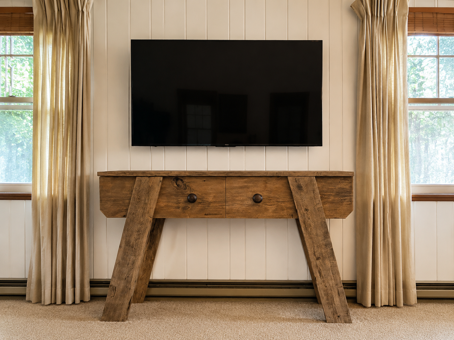 Barnwood sideboard used as media console in Wisconsin cottage