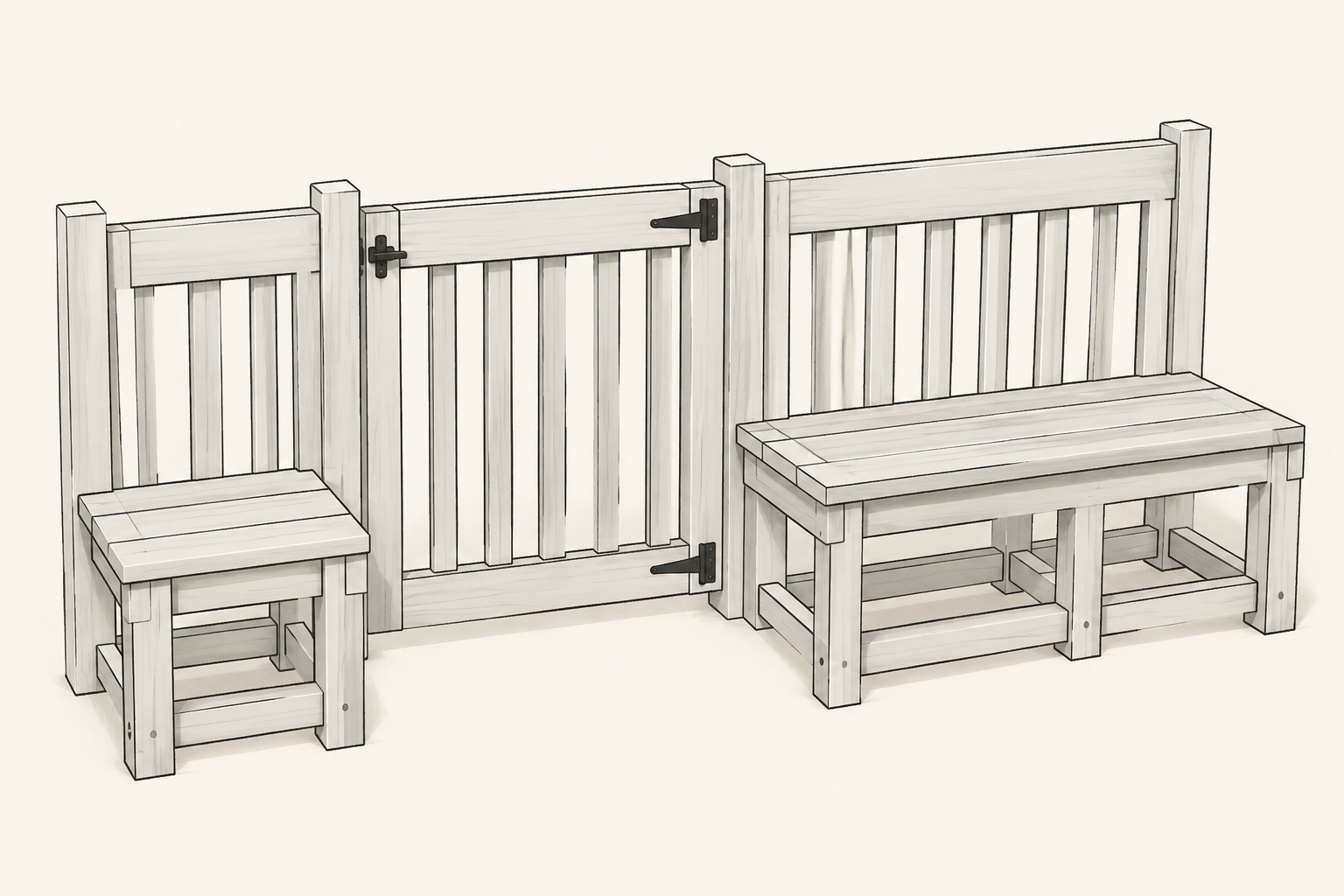 Concept illustration of custom patio railing, gate, and benches