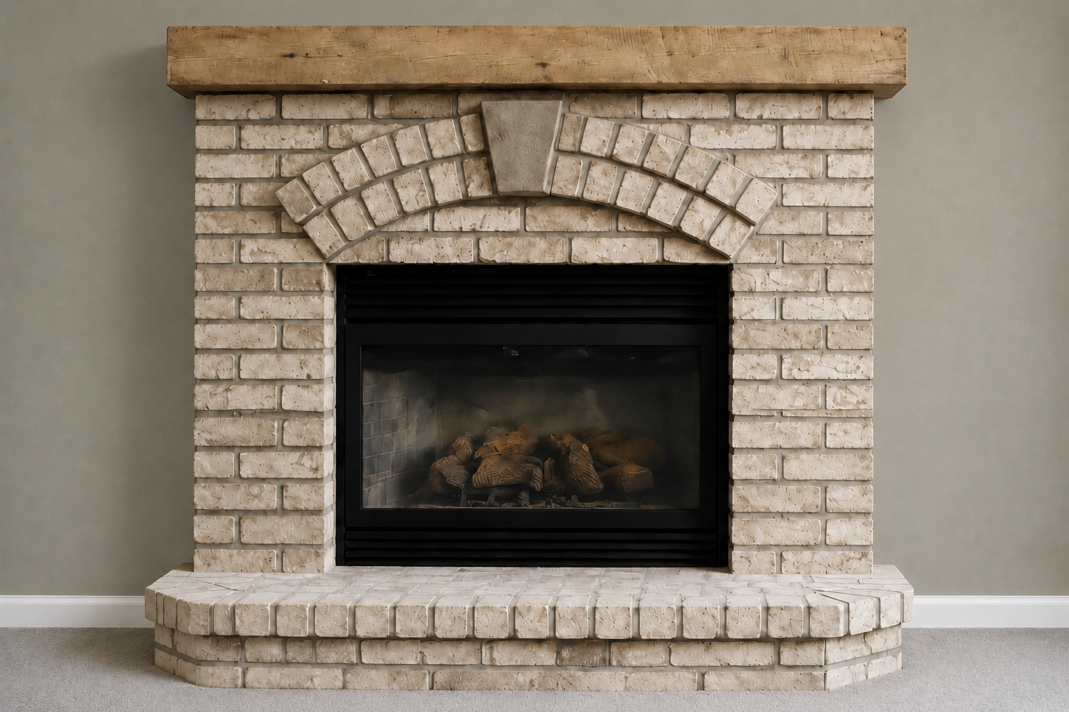 Custom wood fireplace mantel with brick surround