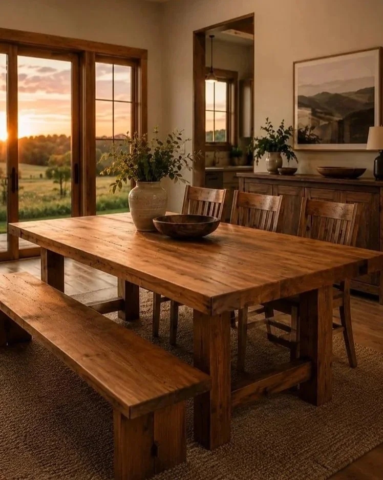 Handcrafted wood dining table and bench in farmhouse dining room