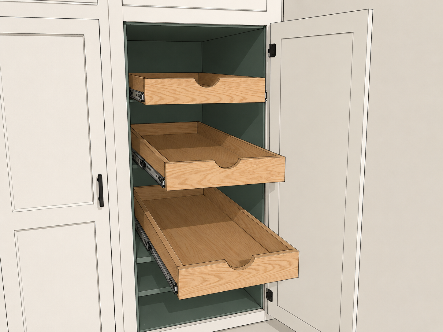 Design rendering of red oak pull-out pantry drawers