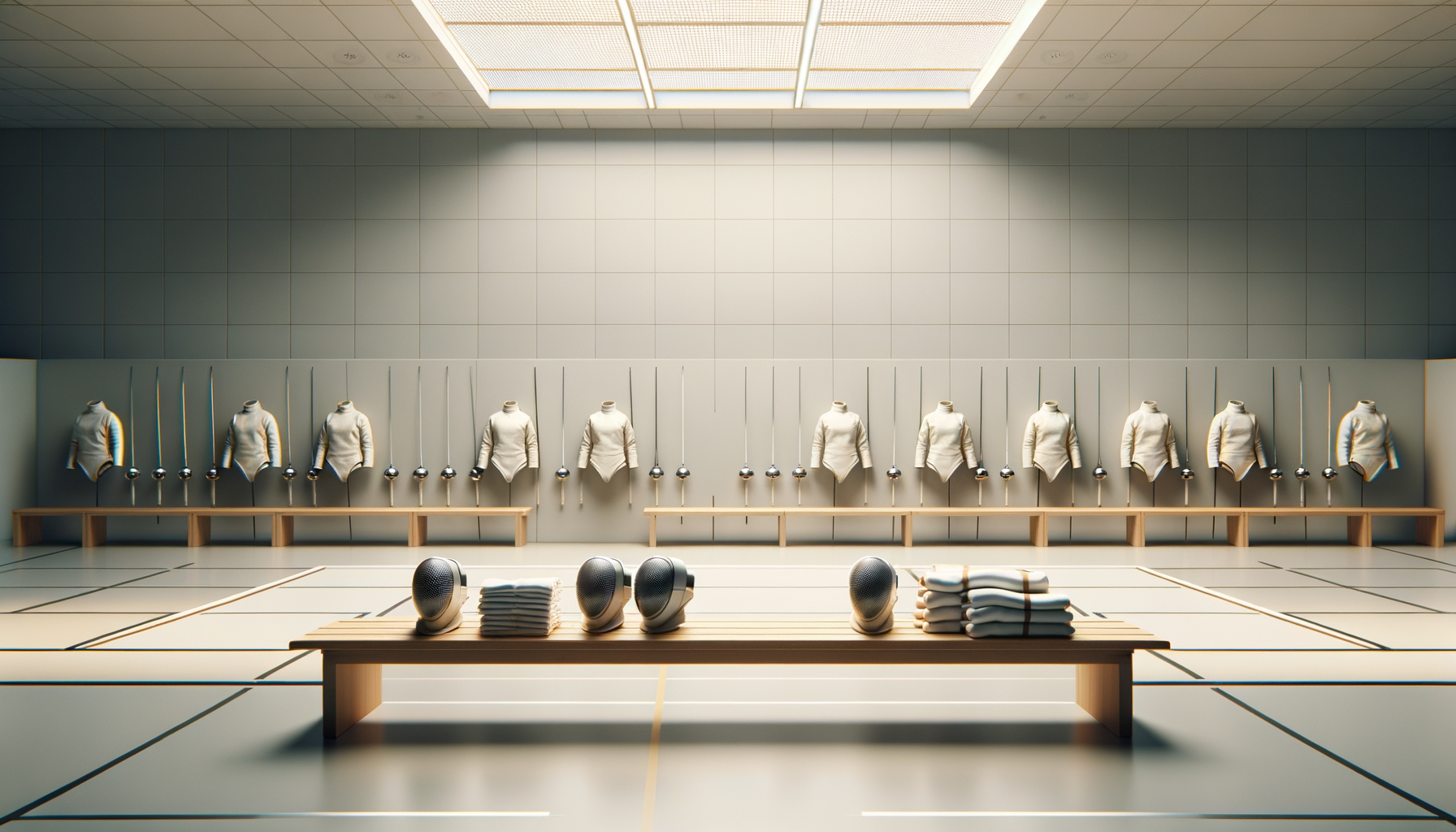 Fencing equipment and gear displayed in a fencing training or competition area, including mannequins with fencing jackets, swords, masks, and gloves, with a bench holding additional gear in the foreground.