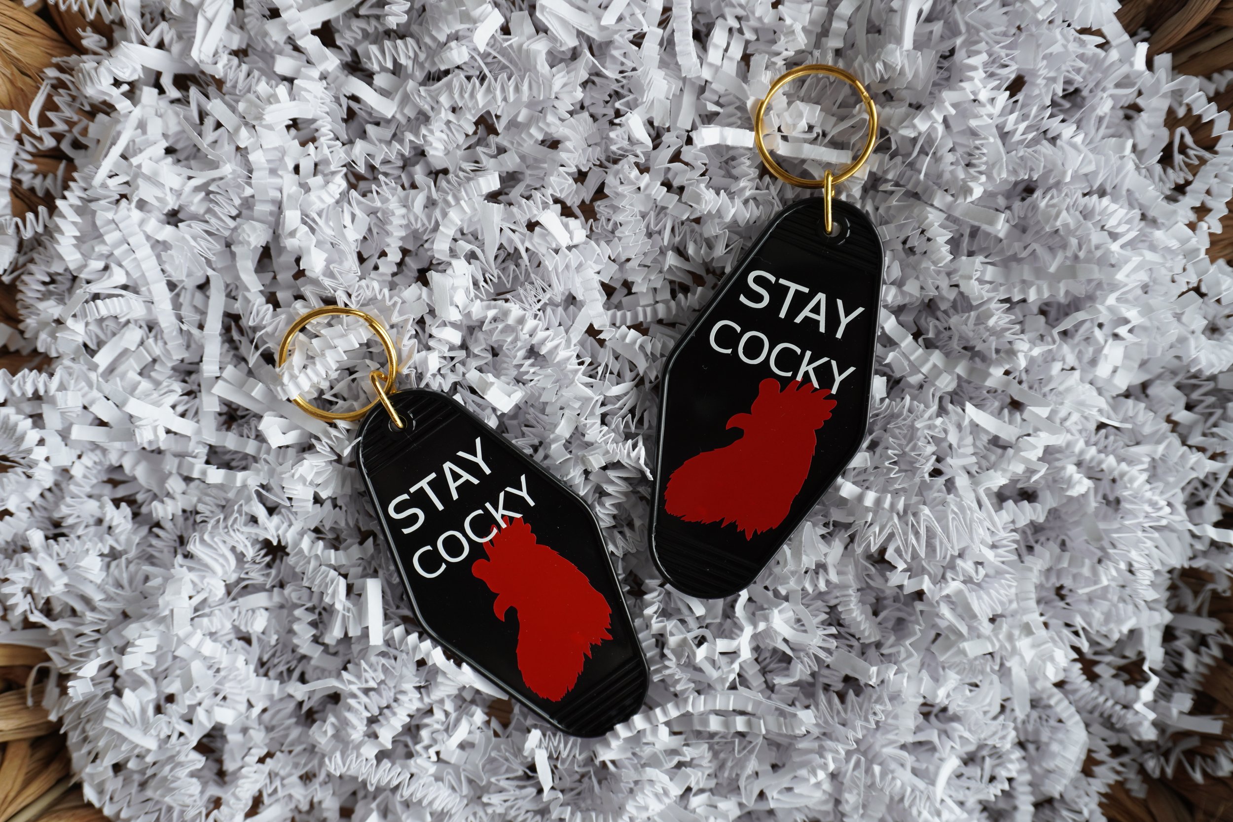 STAY COCKY MOTEL KEYCHAIN
