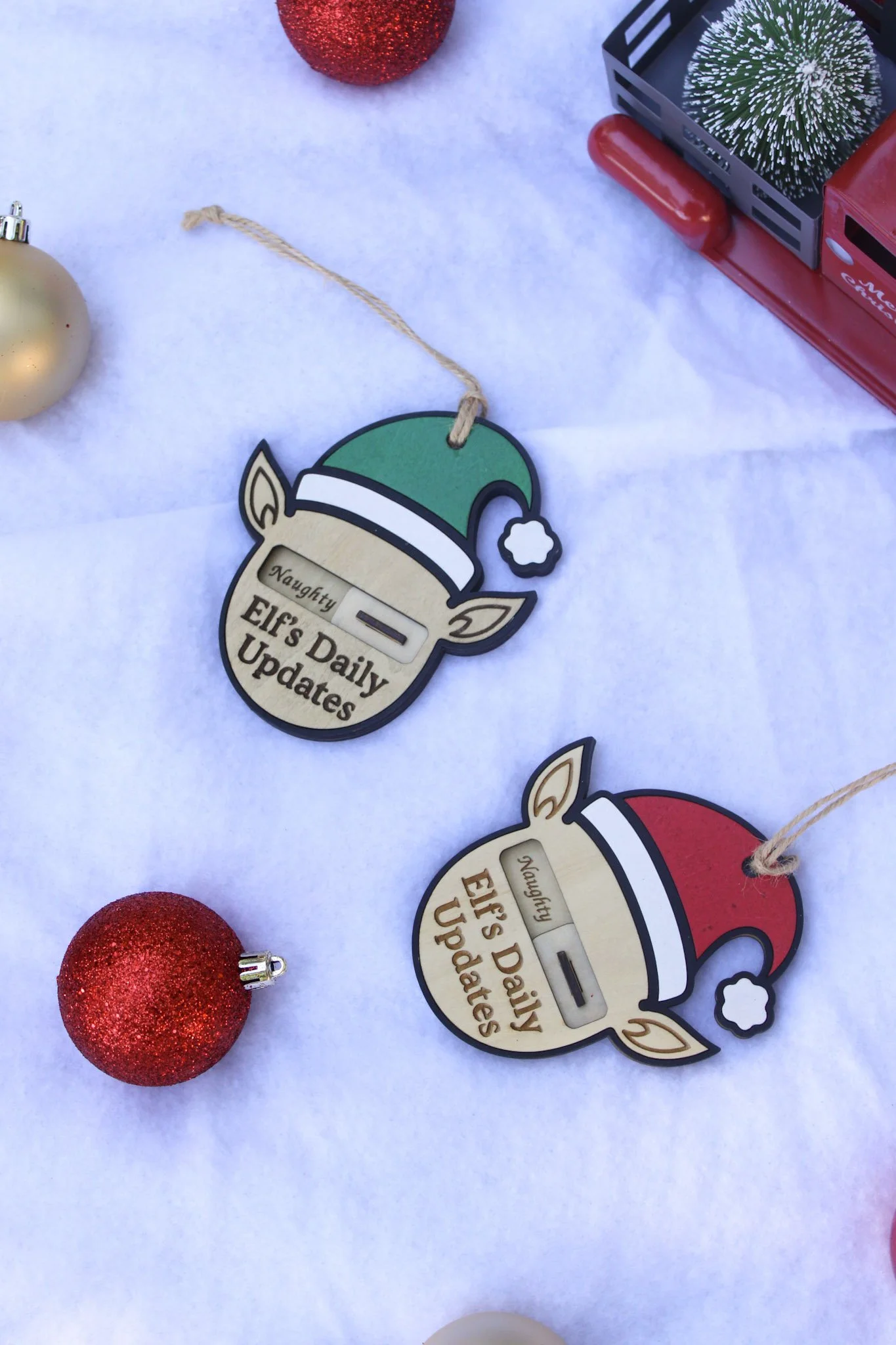 WOODEN NAUGHTY OR NICE TRACKER ORNAMENTS