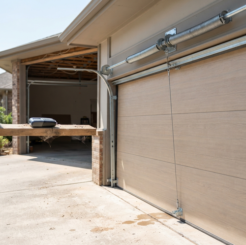middle-aged tech inspecting large garage door