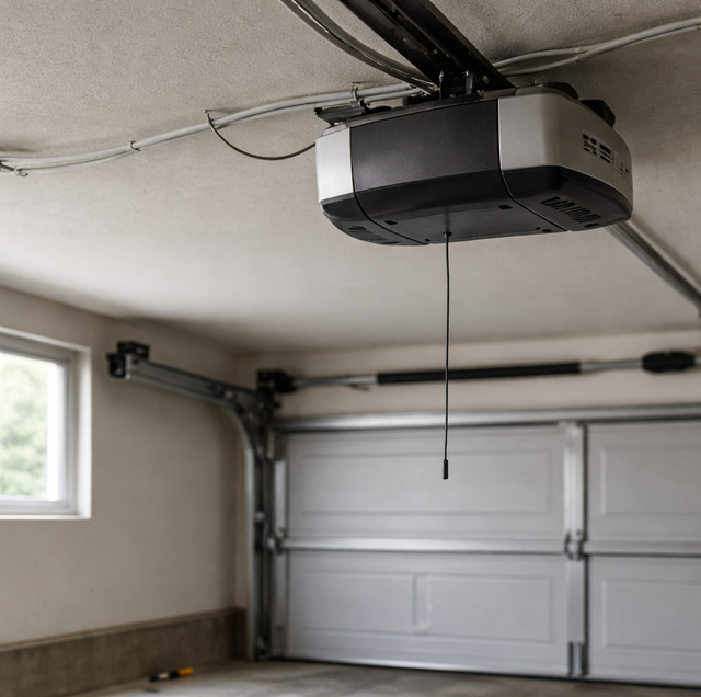 person pressing garage door remote in driveway at dusk