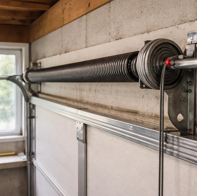 tall garage door with industrial torsion spring assembly
