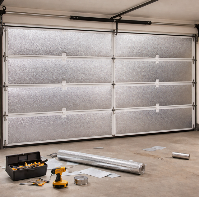 retractable measuring tape on garage floor near foam insulation panels