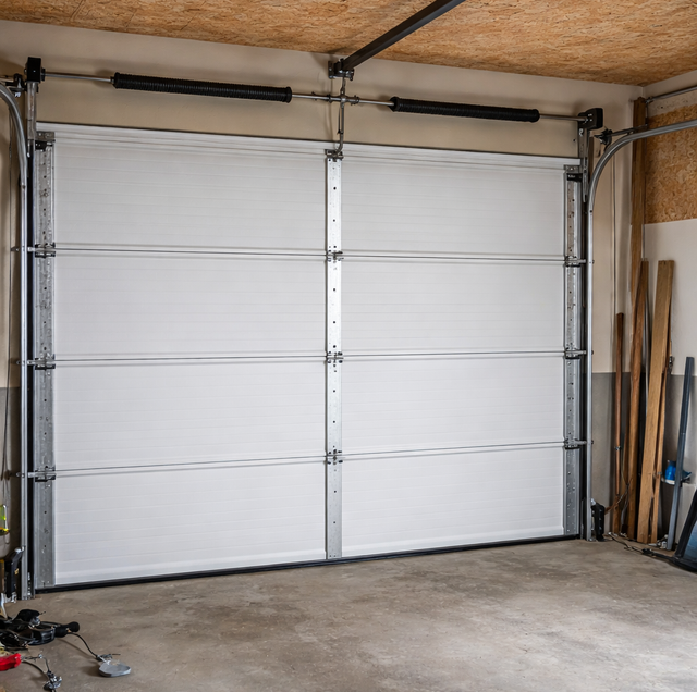 new garage door panel beside older weathered sections